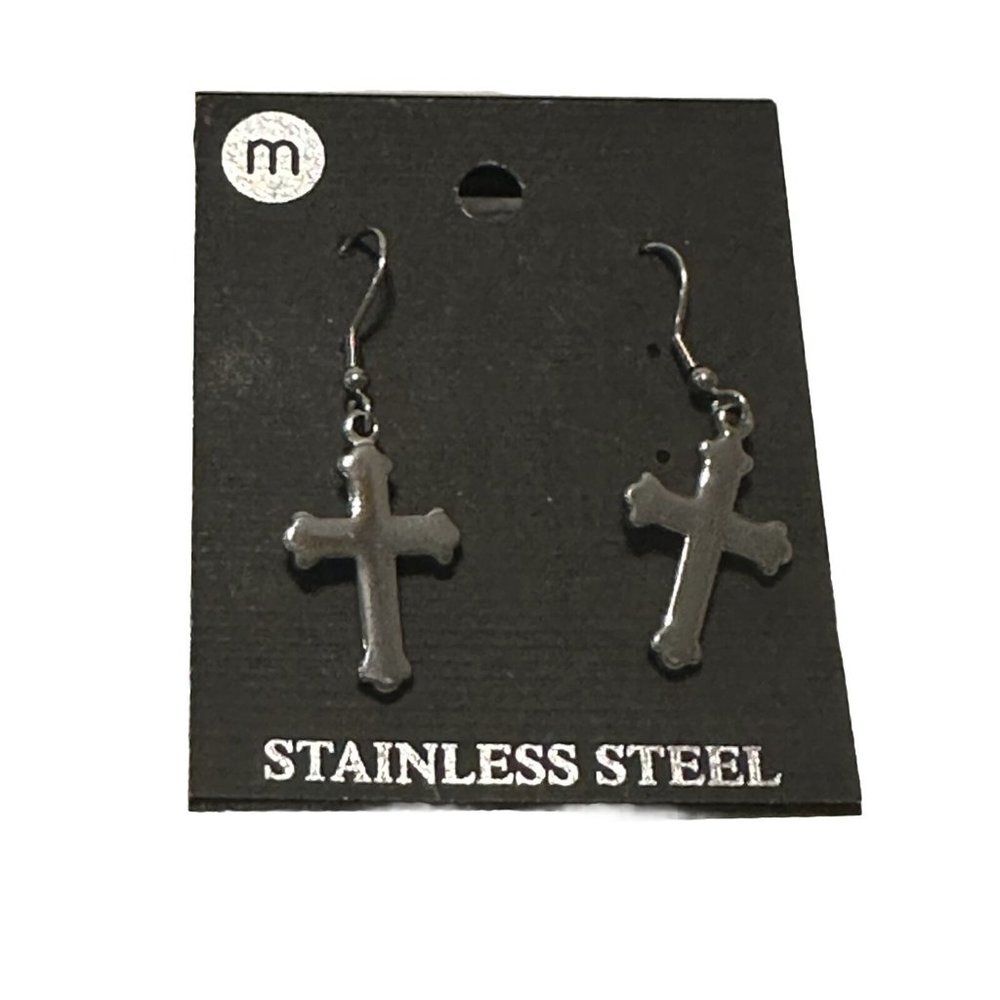 Stainless Steel Silver Dangle Cross Earrings Punk Rock Goth